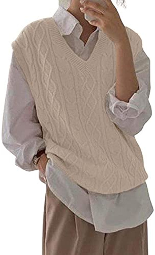 Women's V Neck Sweater Vest Oversized Sleeveless Loose Knit Tops Cable Sleeveless Sweater Beige