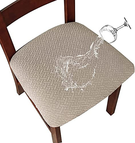LANSHENG Fundas para asiento de silla, lavables, elásticas, impermeables, de tela jacquard, para sillas de comedor o de cocina, para el hogar, color arena, juego de 4 unidades