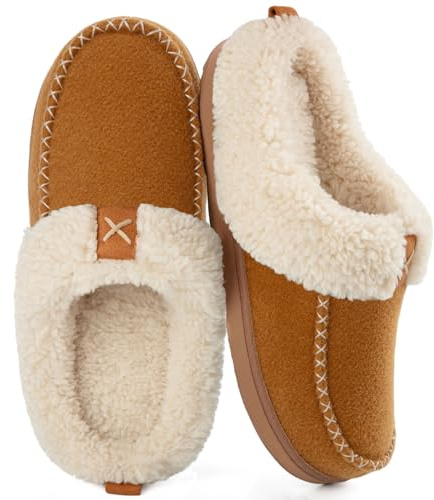 LongBay Women's Winter Slippers, Memory Foam Fluffy Moccasin House shoes with Warm Plush Fleece Lining Slip-On for Indoor Outdoor (7-8 UK, Camel)