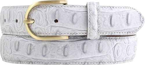 BELTINGER Damen-Gürtel mit Krokoprägung 3 cm | Leder-Gürtel für Damen 30mm Kroko-Optik | Kroko-Muster mit runder, goldener Gürtelschließe | Hellgrau 105cm