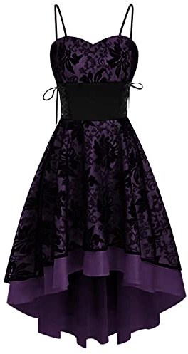 FEOYA Womens Fishtail Lace Gothic Dress Medieval Midi Sleeveless Party Dresses Vintage Renaissance Cami Steampunk Lace Up Strappy Dress Prom Halloween Irregular High Low Hem Purple S