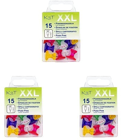 K3T 48353 Pinnwandnadeln XXL bunt/transparent, 15 Stück, 3er Pack