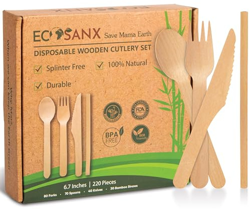 220 PCs Wooden Cutlery set, 6.5 Splinter Free disposable cutlery for parties, Biodegradable, Eco Friendly, 80 wooden forks 70 disposable spoons 40 knives & 30 Bamboo Straws for Outdoor, Events & More