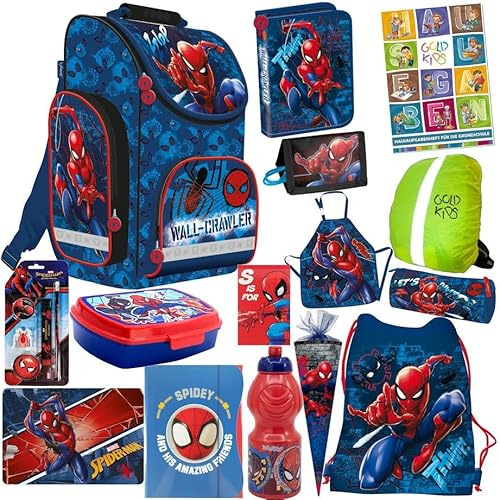 Goldkids Schulranzen Set XXL 15er Ranzen Tornister Zuckertüte Geldbeutel Federmappe Turnbeutel Brotdose Trinkflasche Aufgabenheft für die Grundschule Spiderman Motiv