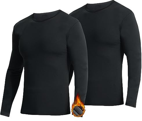YUSHOW 2-pack termounderkläder undertröja herr vinter innerfleece funktionella underkläder långärmad termotopp varm underkläder skjorta rund hals män kompressionströja sport skidor, svart, M
