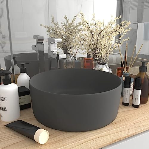 HIGSOSE Lavandino Lusso Rotondo Grigio Scuro Opaco 40x15 cm Arredo Bagno Lavabo da Esterno Lavandino da Appoggio Lavabo Appoggio Lavatoio Ceramica Lavatoio da Esterno Lavabo da Appoggio in Ceramica