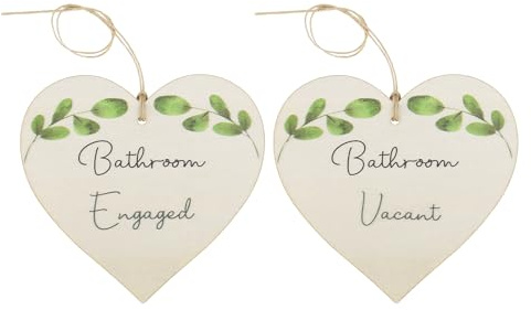 SG Store 2pcs Hanging Signs for Bathroom Double Sided Wooden Heart Shaped Sign Leaf Accents Bathroom Door Handles Includes Hanging Ropes