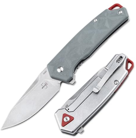 BÖKER PLUS® Gemtek Frame-Lock Knife - edles EDC Taschenmesser mit Clip - Flipper Messer mit Kugellager - D2 Drop-Point Klappmesser mit G10 Griff grau - Camping Faltmesser mit Etui in Geschenk-Box