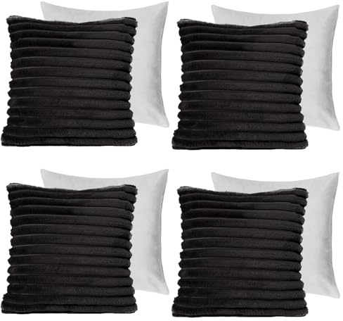 OHS Black Cushions with Covers Included Faux Fur Ribbed, Sofa Cushion Pads with Cushion Covers Living Room Thick Soft Comfy Decorative Throw Pillows, Pack of 4
