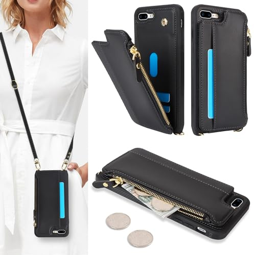 SailorTech for iPhone 7 Plus Phone Case with Credit Card Holder for Women, iPhone 8 Plus Leather Case Wallet Crossbody with Credit Card Slots Zipper Shockproof Case - Black