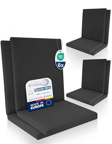 Beautissu 6er Set Premium Niedriglehner Auflage 100% Wasserdicht Sitzkissen | 100x50cm Anthrazit bequem pflegeleicht waschbar Gartenstuhl Polsterauflage Gartenmöbel Stuhlauflage UV-beständig QD-NL