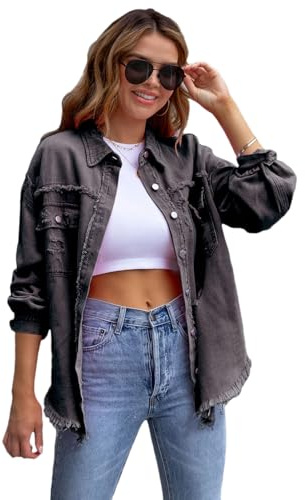 amropi Chaqueta Vaquera para Mujer Blusa Ligero Chaqueta con Bolsillos y Botones Jean Jacket Gris Oscuro, M