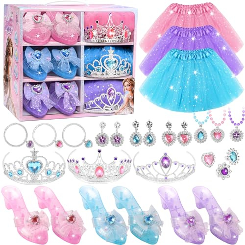 YasinKidz Prinzessin Schuhe mit Kinderschminke Set Mädchen, Prinzessin Spielzeug mit 3 Paar Schuhen, 3 Tüllrock, Krone, Halskette, Geburtstag Weihnachten Geschenke für Mädchen 3 4 5 6 Jahre