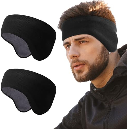 WTACTFUL 2-Pack Winter Ear Warmer Fleece Headband for Men Double-Layer Ear Muffs for Winter Headbands for Women Thermal Ear Covers for Cold Weather Ski Running Cycling Hiking Black