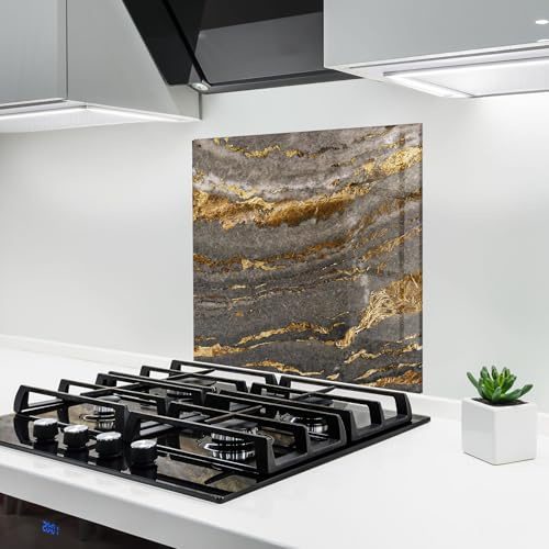ARTHUB® Küchenrückwand aus Glas 60x60 cm, 4mm ESG | Spritzschutz, Glasplatte, Herdspritzschutz, Wandschutz für Herd, Hartglas, Abstrakte, Marmor, Dark Colden Grey