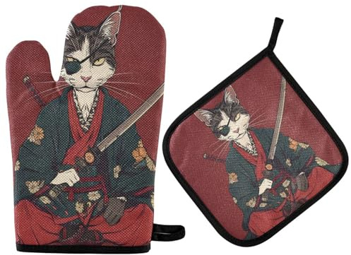 Cartoon Cute Japanese Cat Samurai Oven Mitts Pot Holder Heatproof Kitchen Gloves 2PCS Potholders for BBQ Oven Oven