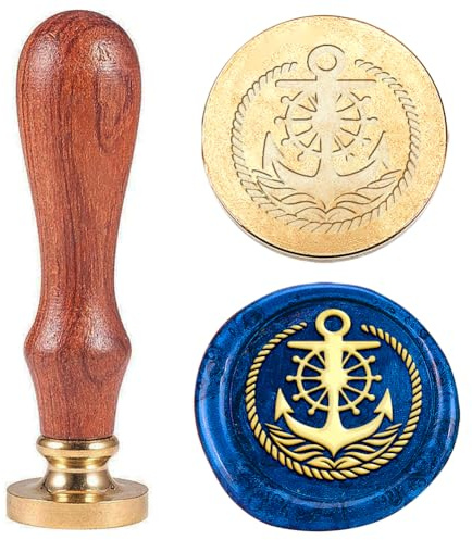 Hobbspring Vintage Wachssiegel Stempel Anker Siegelwachs Stempel 25mm Abnehmbarer Messingkopfstempel Mit Holzgriff Für Umschläge Hochzeitseinladungen Erntedankfest Geschenkverpackung Zurück zur Schule