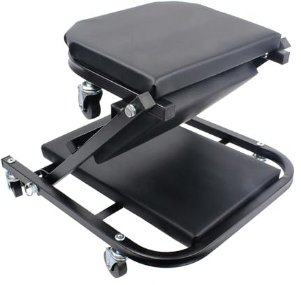 Klappsitz - Werkstattsitz mit Rollen, robustes Metallgestell, leicht zu bewegen, ideal für mechanische Arbeiten oder Bastelarbeiten. *