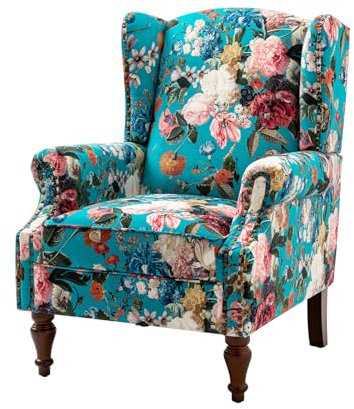 HULALA HOME Wingback Sessel im Vintage-Stil mit Blumenmuster Lesesessel mit Massivholz-Spindelbeine Loungesessel mit Kupfernieten, Blau (Pfauenblau)
