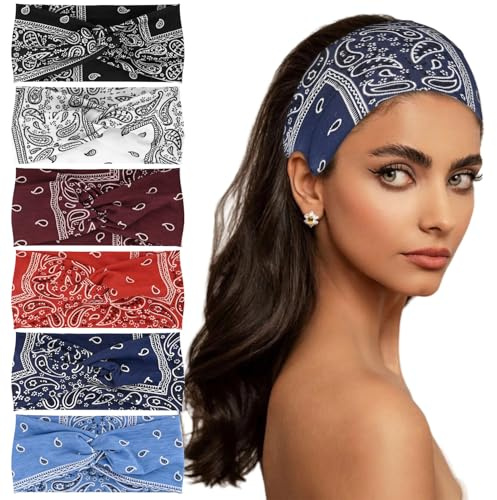 6 st hårband för kvinnor, breda pannband för kvinnor, bandana, pannband, bohemiskt knutna pannband för vuxna, breda hårband, halsdukar, hårbandanas för kvinnor, yoga, sport (set A)