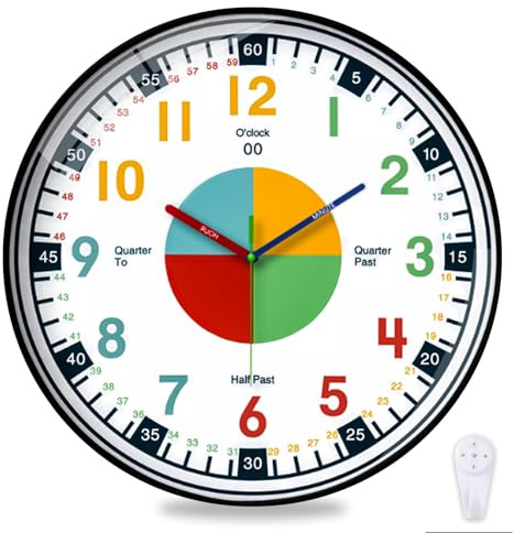 Spardar Learning Clock for Kids, Kids Wall Clock for Bedroom, 10 Inch Silent Analog Learning Clock, Multi-Colored Non-Ticking Educational Clock for Boys and Girls Classroom Home Decor（Black）