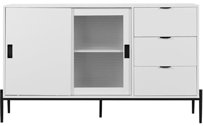 ZGHQHCDRH Modern White Storage Cabinet with Glass Sliding Door, 3 Drawers, Entryway/Kitchen Sideboard