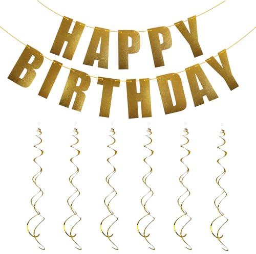 Goldene Happy Birthday Girlande mit 6 Spiralschmuck-Elementen – Wiederverwendbare Geburtstagsdekoration zum Aufhängen an Decke, Tisch oder im Freien, 6-teiliges Set in Gold