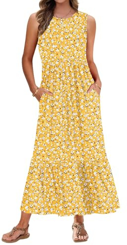 AUSELILY Vestidos Largo Verano Mujer Cuello Redondo Sin Mangas Casual Elegante Maxi Vestido Playa Mujer con Bolsillos Floral Amarillo XL