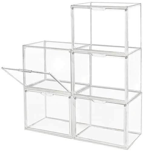 GUDEMAY Clear Stackable Plastic Storage Bins with Magnetic Lid, Dustproof Book & Cosmetic Display Cases, Large Figures Collectibles Showcase, Shoe Box, Protection Organizer (L, Count, 5)