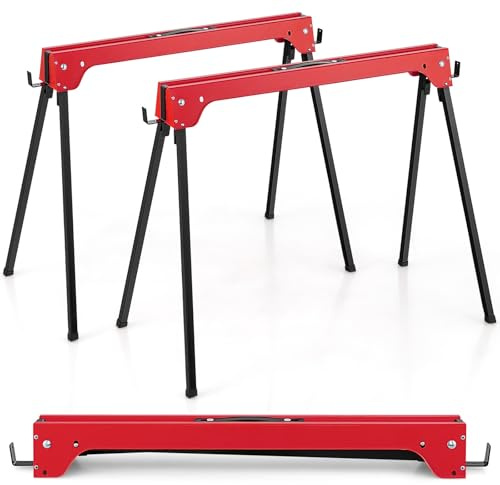 TANGZON Folding Saw Horses Twin Pack, 2PCS Heavy Duty Workbench Metal Trestle Stands with Anti-Slip Top & Handle, Portable Sawhorses Pair, Each Sawhorse Supports Up to 227KG (Red)