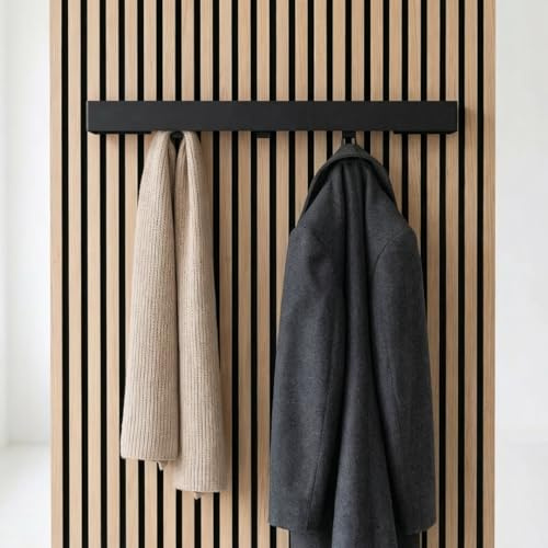 Garderobestange für Akustikpaneele ohne Bohren – Hakenleiste mit verdeckten Haken, Garderobehaken Wandpaneele für Jacken und Taschen – Shadow Oak (55 cm – Doppelstangen-Set)