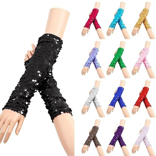 Glitzer Armstulpen Damen Pailletten Handschuhe Weich Pailletten Manschetten Vglitzernde Fingerlose Handschuhes Elastizität Halbfingerhandschuhe mit Glitzer für Rollenspiele Rave Opernaufführungen