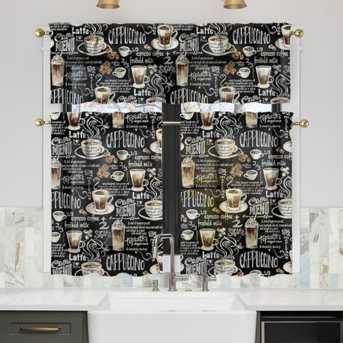 Qeenking Coffee Kitchen Curtains Valances and Tiers Set for Windows,Vintage Cafe Bathroom Window Curtain Valance 3 Piece Sets,Kitchen Decor for Living Room,54x 36