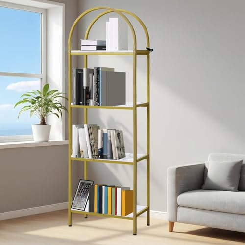 CuteHairy Arched 4-Tier Narrow Bookcase with Metal Frame – 60x28x180cm Freestanding Display Shelving Unit, Tall Bookshelf for Living Room, Bathroom & Office – Gold