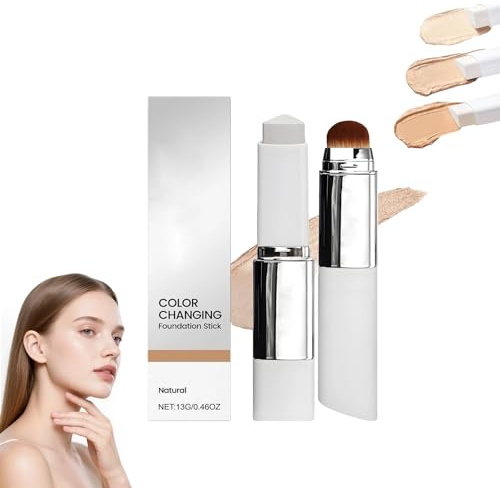 Colour Changing Foundation Stick 2026 – 2-in-1 Full Coverage Concealer & Foundation with Detachable Brush, Hydrating Base Makeup for All Skin Types, Natural Finish (Natural)