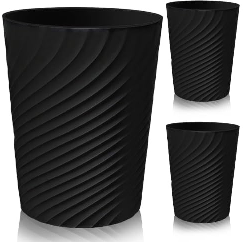NeXcellere 3PCS 8L Plastic Waste Paper Bin,Small Bins No Lid,Round Dustbin with Swirl Design,Rubbish Bin for Bedroom/Bathroom/Office/Living Room,Waste Paper Basket (Black)