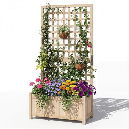 HOMASIS Blumenkasten mit Sichtschutz, Pflanzkübel mit Rankgitter, Pflanzkasten aus Holz, Hochbeet Pflanzgefäß Rankkasten Gartenspalier Rankhilfe für Balkon Garten Terrasse (Natur, 76x32x143cm)