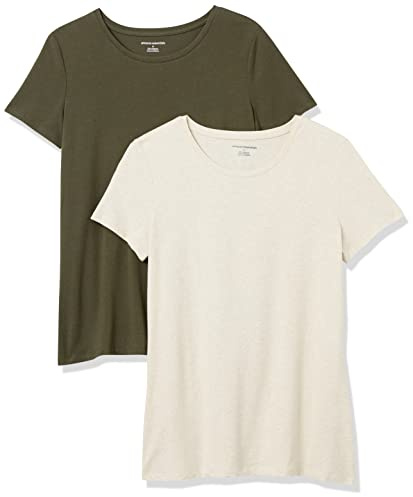 Amazon Essentials Women's Regular-Fit Short-Sleeve Crewneck T-Shirt, Pack of 2, Oatmeal Heather/Olive, L