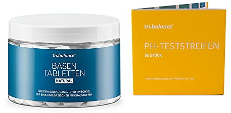 tri.balance Basentabletten NATURAL Starterpaket – 55 pH-Teststreifen | Basen Tabletten mit Zink, 225 Stück, 55 pH-Teststreifen, vegan, Booklet und E-Book Entsäuerungskur