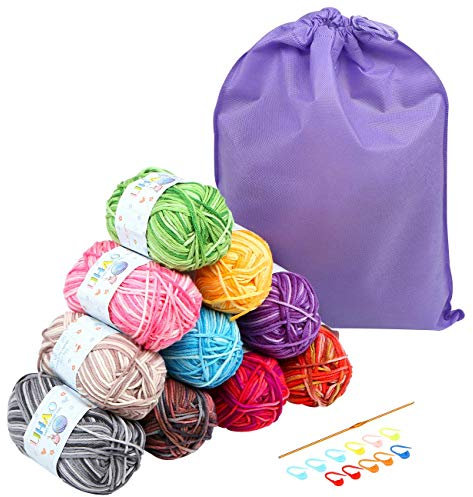 LIHAO 500g Wolle Zum Häkeln 10x50g Häkelgarn mit Zubehör, Aufbewahrungsbeutel Handstrickgarn für Stricken und Kunsthandwerk - 10 Farben