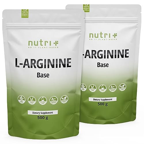 Nutri + L-Arginin Base Pulver 1 kg - hochdosiert, vegan + neutral - pflanzlich durch Fermentation - reines L-Arginine Powder 1000 g - Premiumqualität