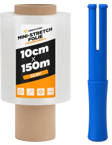 verpacking Mini-Stretchfolie 23 my stark 100 mm x 150 m reißfest, dehnbar & zuverlässig Handstretchfolie Stretchfolie Verpackungsfolie (1 Rolle + 1 Abroller)