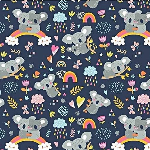 Pingianer 11,99€/m Koala 100% Baumwolle Baumwollstoff Kinder Meterware Handwerken Nähen Stoff (Hase Mond Herz Weiß) (Koala Regenbogen Dunkelblau, 200x160cm (11,99€/m))