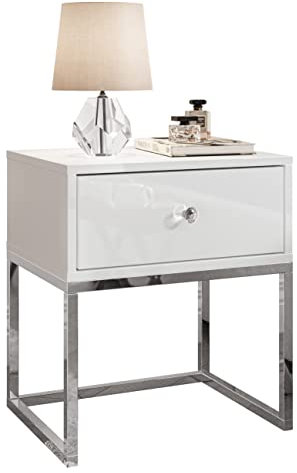 lukmebel Nachttisch Weiß Glamur 45x36,6x53 cm mit Chromgestell und Kristallgriff - Bett Tisch - Nachtkasten - Nachtkästchen - Hochglanz - Nachtschrank - Beistelltisch mit Schublade