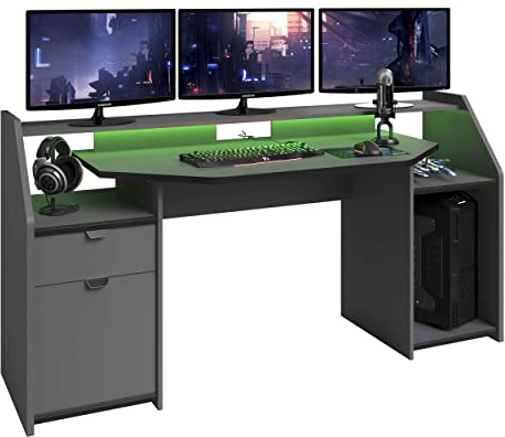 Miroytengo Mesa Escritorio Gaming Grande en Color Gris con 1 cajón 1 Armario con LED Gamer. Escritorio Ordenador 98x180x67 cm