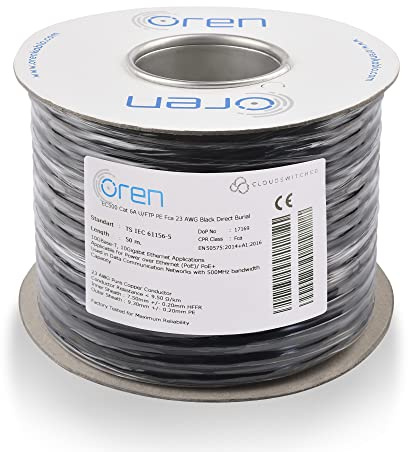 Oren CAT6A 50m Cable Ethernet Para Exteriores - Entierro Directo - Cable de Cobre Puro 23 AWG - Cable de Red LAN de Internet U/FTP de 500 MHz de Ancho de Banda, Libre de Halógenos - 10 GbE