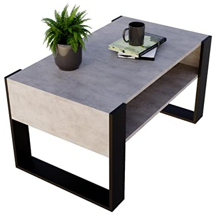 Couchtisch KARO 92 rechteckiger Kaffeetisch aus Holz Modern Teetisch 92 x 53,6 x 45cm massiv und stabil (Chicago Beton/Schwarz)