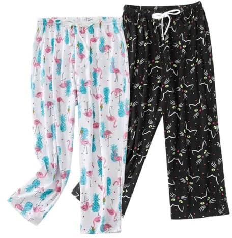 ENJOYNIGHT Pantalon de pyjama court en coton pour femme, pantalon de pyjama imprimé