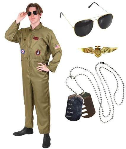 I LOVE FANCY DRESS LTD Costume d'aviateur pour adultes – Combinaison de pilote aérien pour hommes, combinaison d'aviateur, lunettes de soleil d'aviateur et plaque d'identité militaire