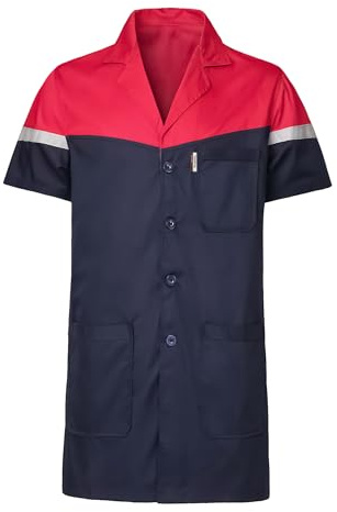 Yukirtiq Homme Blouse de Laboratoire Manches courtes Blouse de Travail Léger Blouse d'Atelier Respirant Bleu de Travail d'été Polycoton Veste de Travail, Bleu+Rouge, L
